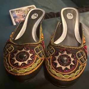 SALE! Appeal Embroidered & Beaded Multicoloured Slip Ons With Kitten Heels. 10.